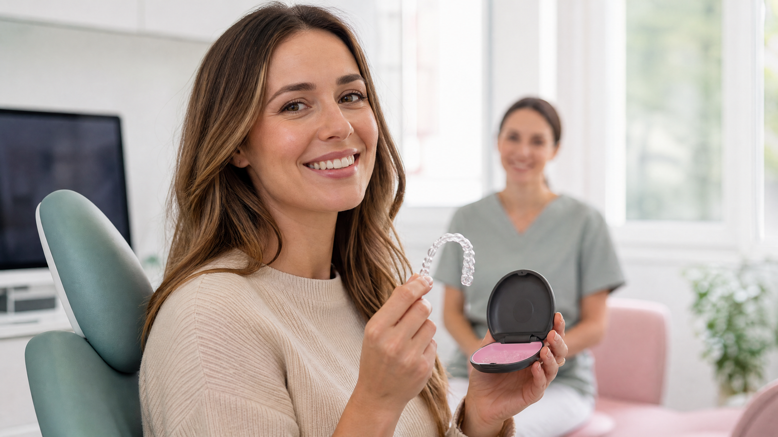 Smiling woman holding a clear aligner during a dental consultation