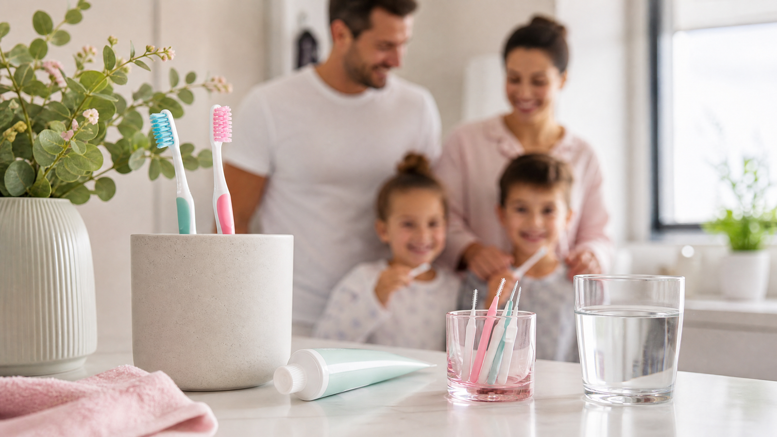 Toothbrush toothpaste and smiling family representing a healthy daily oral hygiene routine